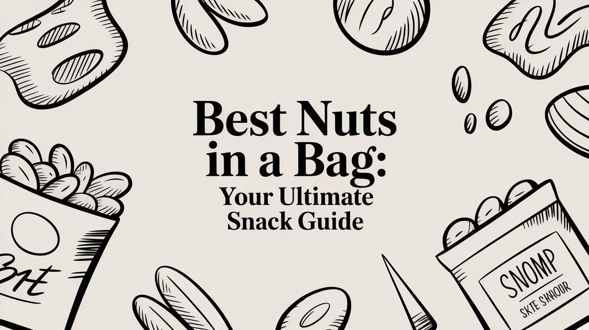 Various nuts and snack bags drawn in black ink on a light background with the title Best Nuts in a Bag