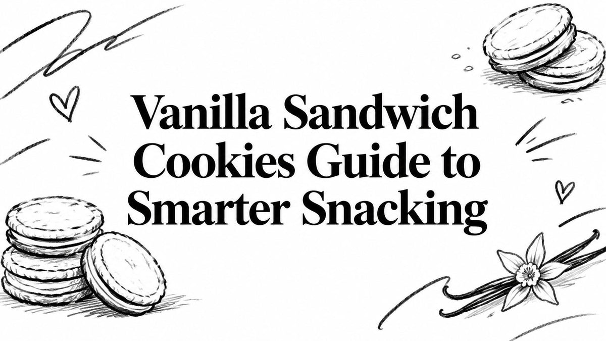 Black and white drawing of vanilla sandwich cookies a vanilla flower and text Vanilla Sandwich Cookies Guide to Smarter