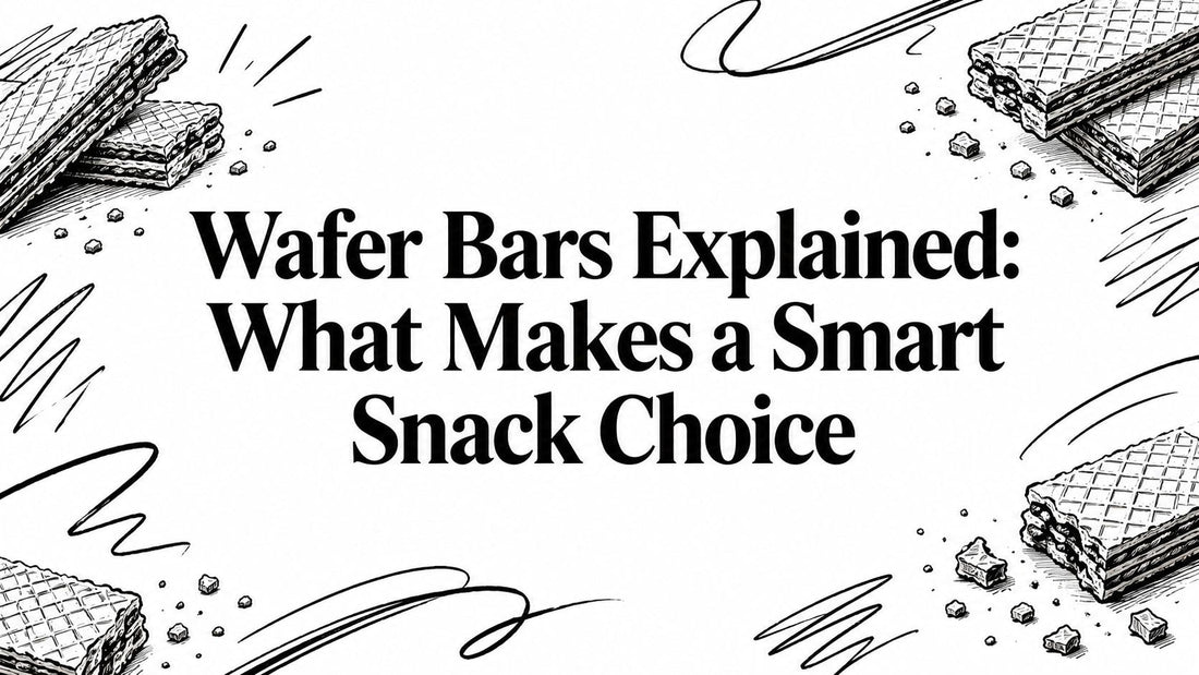 Line drawing of wafer bars and crumbs with text Wafer Bars Explained What Makes a Smart Snack Choice
