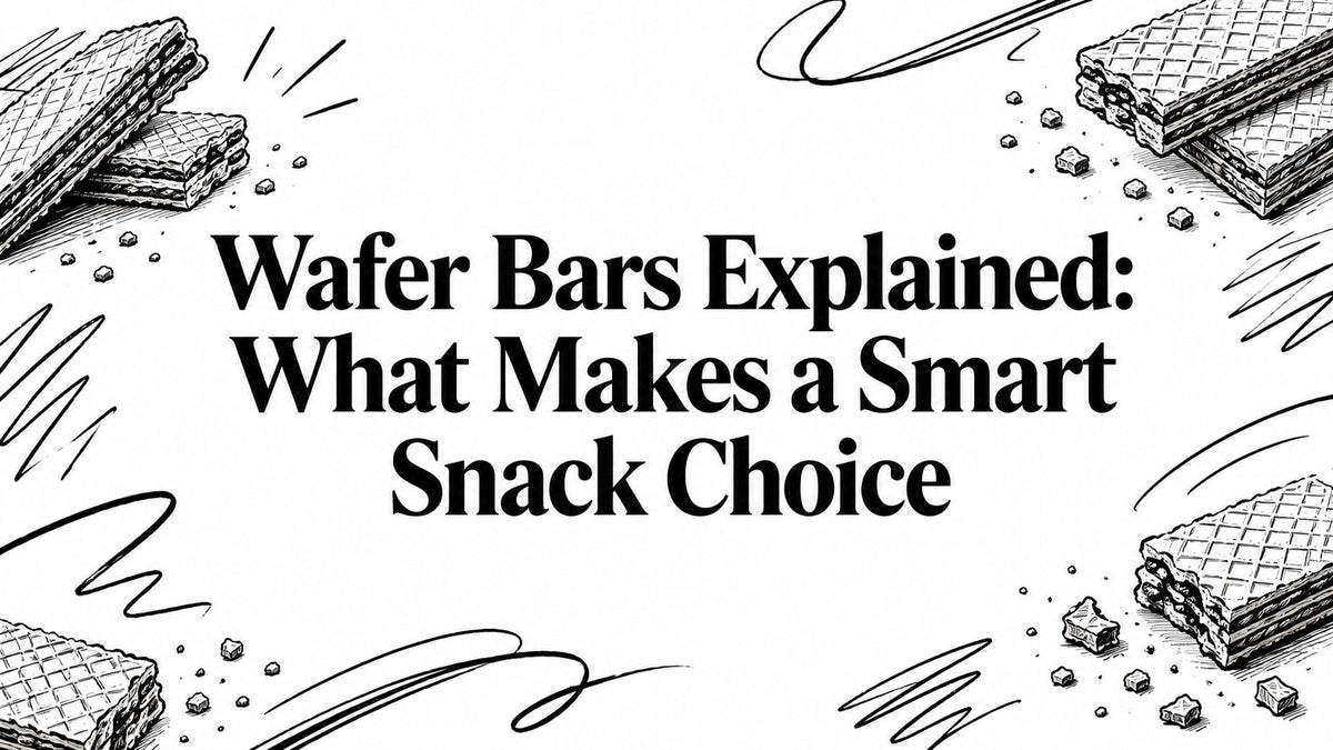Line drawing of wafer bars and crumbs with text Wafer Bars Explained What Makes a Smart Snack Choice