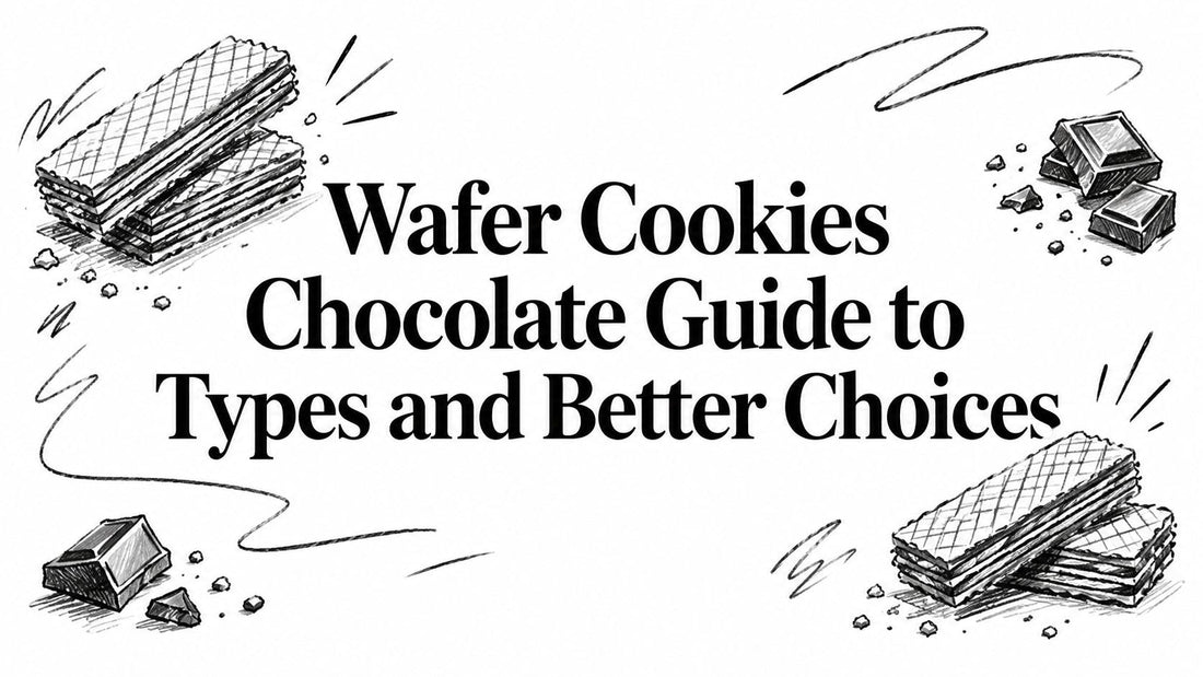Monochromatic sketch of chocolate wafer cookies and broken chocolate bars surrounding the title text