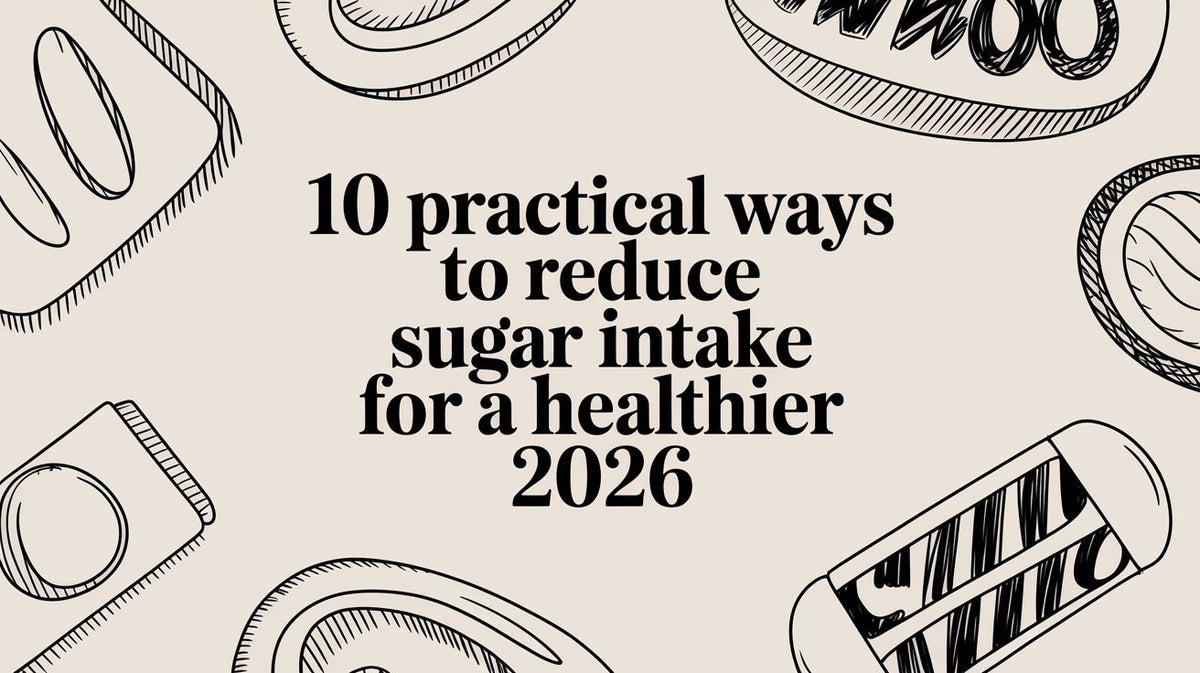 10 practical ways to reduce sugar intake for a healthier 2026 text on a light background with food illustrations