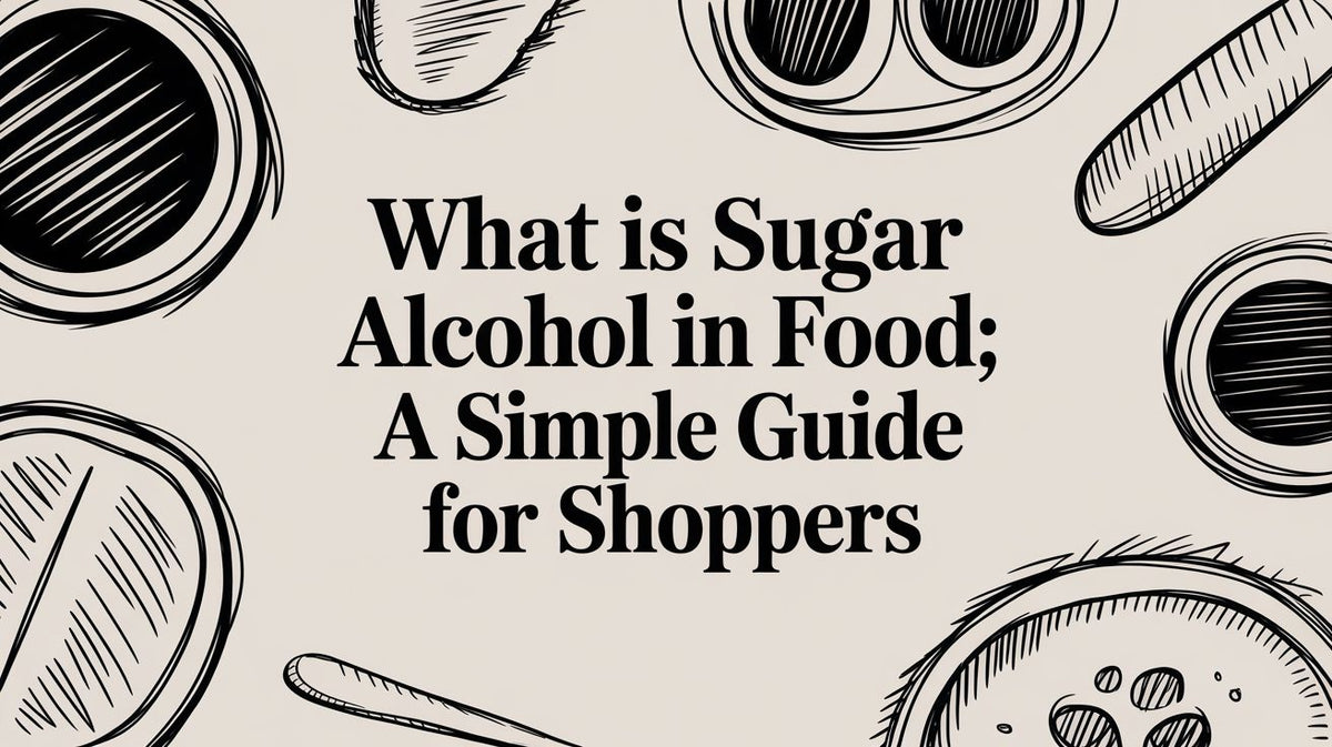 Text What is Sugar Alcohol in Food A Simple Guide for Shoppers on beige background with black line drawings of food